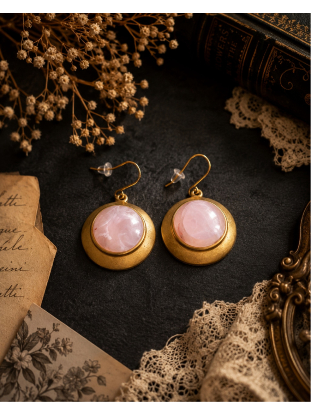 Vintage Gold Tone Pink Marbled Lucite Cabochon Dangle Earrings